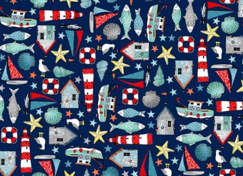 Boote Leuchtturm Seestern blau allover Patchworkstoff