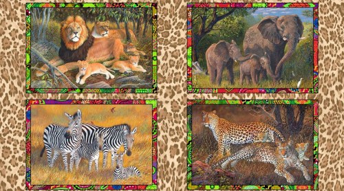 Löwe Elefant Gepard Zebra Tiermotivstoff Patchworkstoff Panel