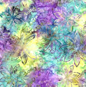 Blumen Blüten pastell grün gelb blau violett Batik Patchworkstoff